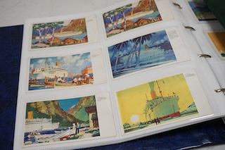 A box and two folders of postcards and a few cigarette cards, mainly relating to the Royal Mail Steam Packet Company and Royal Mail Lines Ltd., including a good quantity of 1930s and later postcards of cruise ships, many